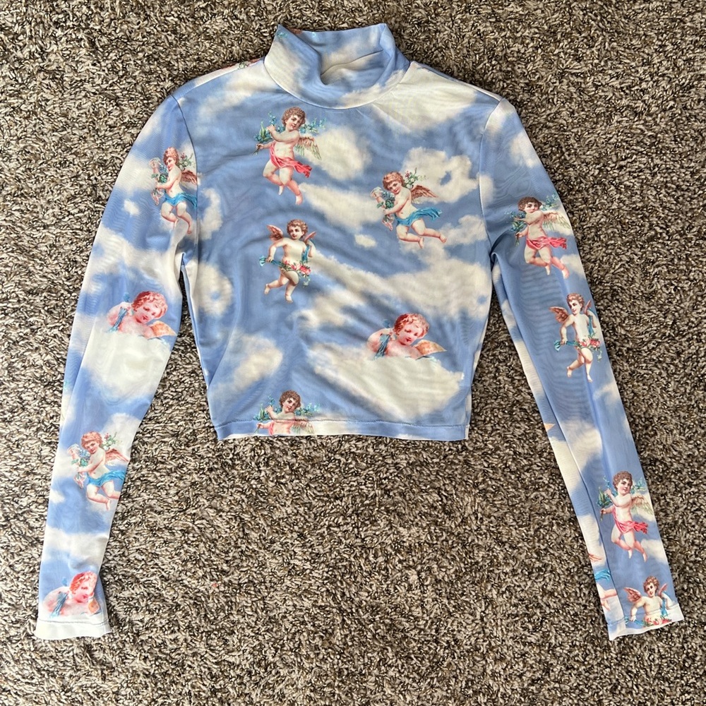 Mesh sheer long sleeve cropped shirt angel print size small